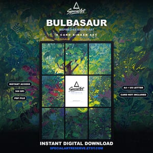 Könnte beinhalten: Ein digitales Download-Set mit von Bisasam inspiriertem, erweitertem Kunstwerk für einen 8-Karten-Ordner. Die Grafik enthält Text wie SpecialArt, Bisasam, 300 DPI, PDF File, Instant Access, A4 + US Letter, Card Not Included und Instant Digital Download.