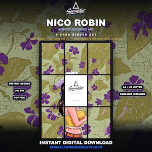 Puede incluir: Un conjunto de descarga digital con arte extendido inspirado en Nico Robin para una carpeta de 8 cartas. El diseño incluye flores moradas y texto manuscrito sobre un fondo verde claro. El texto incluye Special Art, Nico Robin y Emperors.