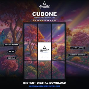 Puede incluir: Un set de 9 cartas para archivador con arte extendido inspirado en Cubone. La descarga digital incluye formatos A4 y US letter a 300 DPI. La ilustración muestra un paisaje colorido con árboles, casas y un cielo estrellado. Texto: Special Art Reserve, Instant Access, PDF File, Card Not Included.