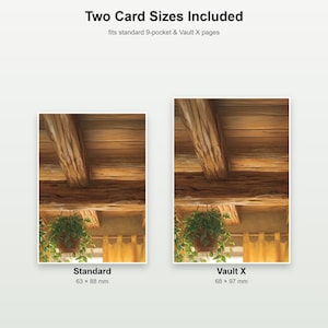 May include: Two rectangular card sleeves featuring a printed illustration of a wooden ceiling with beams and a hanging plant. The left sleeve is labeled Standard at 63 x 88 mm, and the right sleeve is labeled Vault X at 68 x 97 mm.