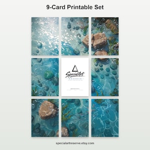 May include: A 9-card printable set featuring a digital illustration of a clear blue water surface with submerged rocks, aquatic plants, and bubbles. The centre card displays the black text SpecialArt RESERVE with a triangle logo above it.