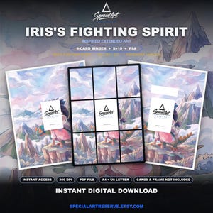 Könnte beinhalten: Ein digitales Kunstset mit dem Titel Iris's Fighting Spirit, das ein 9-Karten-Ordner-Layout und 8x10-Druckdesigns enthält. Das Bild zeigt eine Figur auf einer Klippe vor Bergen unter einem bewölkten Himmel. Enthält Textbeschriftungen für den Sofortzugriff.