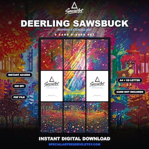Könnte beinhalten: Ein 9-Karten-Binder-Set als digitaler Download mit dem Titel DEERLING SAWSBUCK, das erweiterte Kunstwerke einer farbenfrohen Waldlandschaft zeigt. Die Grafik enthält Text wie INSTANT ACCESS, 300 DPI, PDF FILE, A4 + US LETTER, CARD NOT INCLUDED und INSTANT DIGITAL DOWNLOAD.
