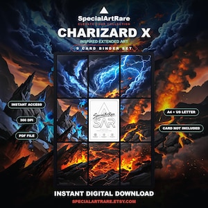 Op Charizard X geïnspireerde uitgebreide kunst voor map | Vulkanisch TCG-bindmiddeldisplay | Digitale download