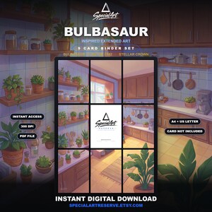 Peut inclure: Un ensemble de 9 cartes à relier avec une illustration étendue inspirée de Bulbizarre. L'image montre une cuisine avec des placards en bois, des étagères et des plantes en pot. Le texte inclut "BULBASAUR", "9 CARD BINDER SET", "INSTANT ACCESS", "300 DPI", "PDF FILE", "A4 + US LETTER" et "CARD NOT INCLUDED".