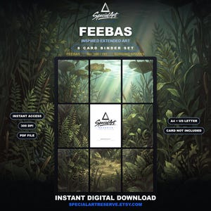 Puede incluir: Un conjunto de carpeta para 8 tarjetas digitales con arte extendido inspirado en Feebas. El diseño incluye una cuadrícula de plantas submarinas con luz filtrándose a través de la superficie. El texto incluye Special Art, Feebas, No. 198/191, Surging Sparks, Instant Access, 300 DPI, PDF File, A4 + US Letter, Card Not Included e Instant Digital Download.