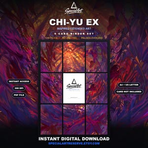 以下が含まれることがあります： Chi-Yu Exにインスパイアされた拡張アート用のデジタル9枚カードバインダーセット。レイアウトは、暗く鮮やかな紫とオレンジの葉の背景で、中央の白いカードプレースホルダーにはSpecial Art Reserveのロゴが表示されています。テキストには、Instant Access、300 DPI、PDF File、A4 + US Letter、Card Not Includedが含まれています。