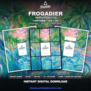 May include: A digital download set featuring Frogadier inspired extended art. Includes a 9-card binder layout, 8x10 print, and PSA slab display. The artwork displays a vibrant jungle scene with swirling blue water, green foliage, and pink sky accents. Text includes SpecialArt, Frogadier, No. 89/99, Chaos Rising, and Instant Digital Download.