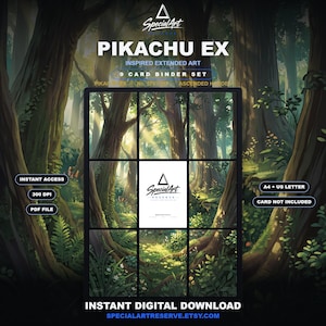 May include: A 9-card binder set digital download featuring Pikachu EX inspired extended art. The graphic displays a forest scene divided into a grid, with the Special Art Reserve logo in the center. Text includes PIKACHU EX, 300 DPI, and PDF FILE.