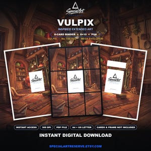 May include: A digital product display featuring VULPIX INSPIRED EXTENDED ART, an 8-card binder, 8x10, and PSA. The image shows a cosy kitchen interior with brick walls, wooden shelves, hanging cookware, and books. Text includes INSTANT DIGITAL DOWNLOAD.