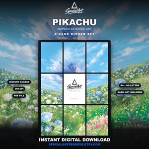 Peut inclure: Un ensemble de 8 cartes pour classeur inspiré de Pikachu avec une illustration étendue représentant un ciel bleu nuageux et un champ d'hortensias colorés. Le visuel inclut des mentions pour accès instantané, 300 DPI, fichier PDF, format A4.