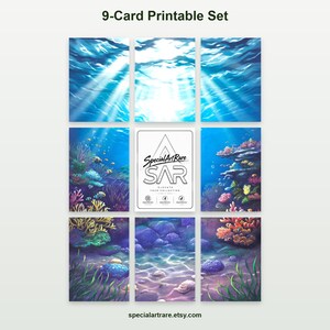 May include: A 9-card printable set featuring underwater scenes with sunlight filtering through blue water, coral reefs, and sandy ocean floors. A central white card displays the text SpecialArtRare SAR and social media icons.