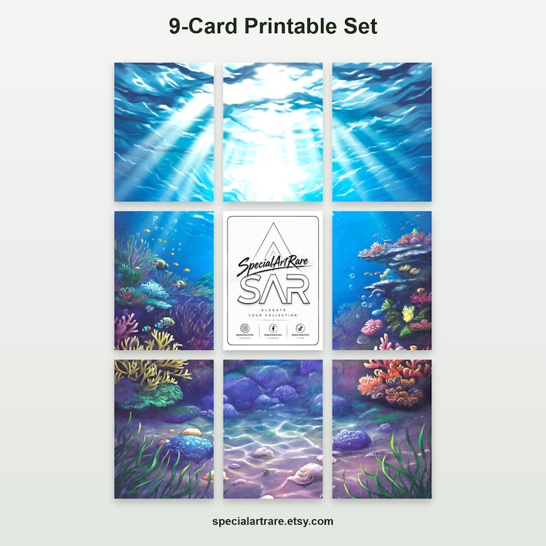 May include: A 9-card printable set featuring underwater scenes with sunlight filtering through blue water, coral reefs, and sandy ocean floors. A central white card displays the text SpecialArtRare SAR and social media icons.