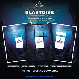 May include: A digital download set featuring Blastoise inspired extended art for a 9-card binder, 8x10 print, and PSA slab. The design displays a deep blue underwater scene with bubbles and rock formations. Includes the text SpecialArt, Blastoise, and No. 200/165 151.