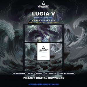 May include: A 9-card binder set featuring Lugia V inspired extended art from Silver Tempest. The digital download includes a PDF file in A4 and US Letter sizes at 300 DPI. The artwork depicts a stormy ocean scene with lightning and waves.