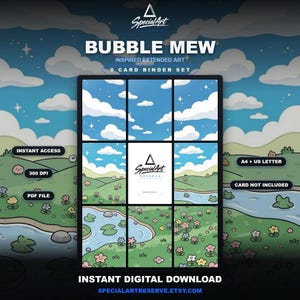 Bubble Mew Inspired Extended Art for Binder | Dreamy Meadow TCG Binder Display | Digital Download