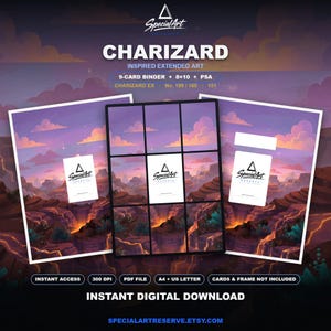 May include: A digital download set featuring Charizard inspired extended art for a 9-card binder, 8x10 print, and PSA slab. The artwork displays a volcanic landscape with purple clouds and glowing lava. Text includes Special Art Reserve and Charizard EX.
