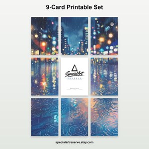 May include: A 9-card printable set featuring rainy cityscapes with blurred lights and water ripples. The center card is white with the black text Special Art Reserve. The cards display blue, orange, and yellow tones in a painterly style.