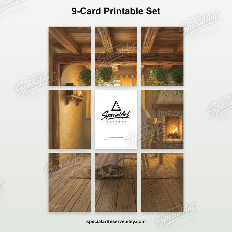 May include: A 9-card printable set featuring a digital illustration of a cozy room with wooden ceiling beams, hanging plants, a stone fireplace with a fire, and a cat on a rug. The center card displays the SpecialArt Reserve logo and text.