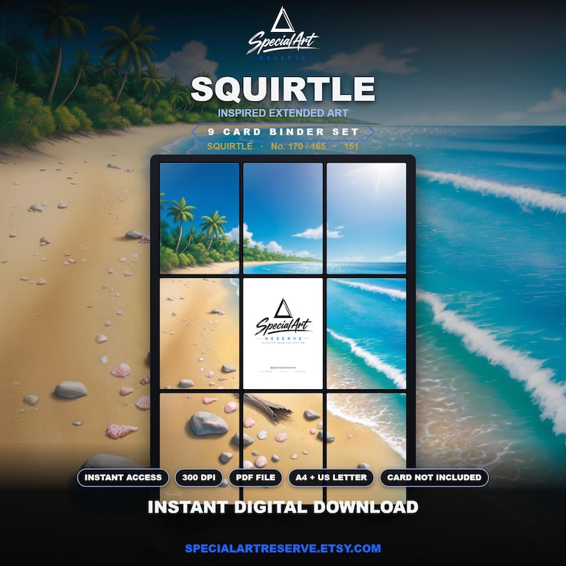 May include: A 9-card binder set featuring extended art of a tropical beach scene with palm trees, sand, and blue ocean waves. The central card displays the Special Art Reserve logo. Text includes SQUIRTLE, No. 170/465, and 151.