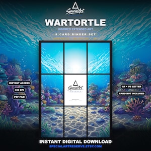 May include: A digital 8-card binder set featuring Wartortle inspired extended art. The design displays an underwater scene with coral reefs, sandy ocean floor, and light rays. Text includes Special Art, Wartortle, 8 Card Binder Set, Instant Access, 300 DPI, PDF File, A4 + US Letter, Card Not Included, and Instant Digital Download.