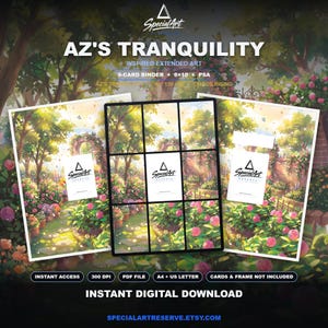 Può includere: Un set di download digitale intitolato AZ'S TRANQUILITY che presenta una scena di giardino con rose rosa e sentieri in pietra. Include un layout per raccoglitore da 9 carte, stampa 8x10 e opzioni di visualizzazione PSA. Testo: INSTANT DIGITAL DOWNLOAD e SPECIALARTRESERVE.ETSY.COM.