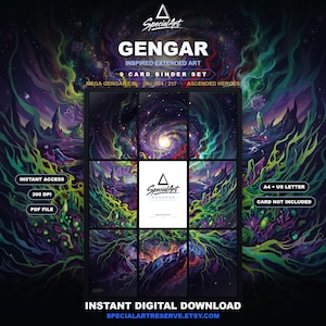 May include: A digital 9-card binder set featuring Gengar inspired extended art. The design displays a cosmic galaxy theme with vibrant green, purple, and black swirling patterns. Text includes Gengar, 9 Card Binder Set, Mega Gengar EX, No. 284/217, Ascended Heroes, Instant Access, 300 DPI, PDF File, A4 + US Letter, Card Not Included, Instant Digital Download, and specialartreserve.etsy.com.