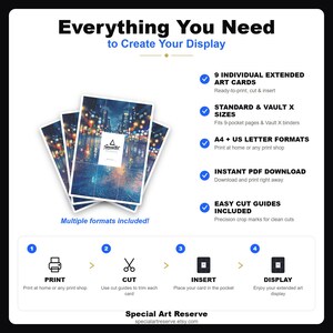 May include: A digital product guide titled Everything You Need to Create Your Display, featuring 9 individual extended art cards, A4 and US letter formats, and instant PDF download. Includes a 4-step visual process: print, cut, insert, and display.