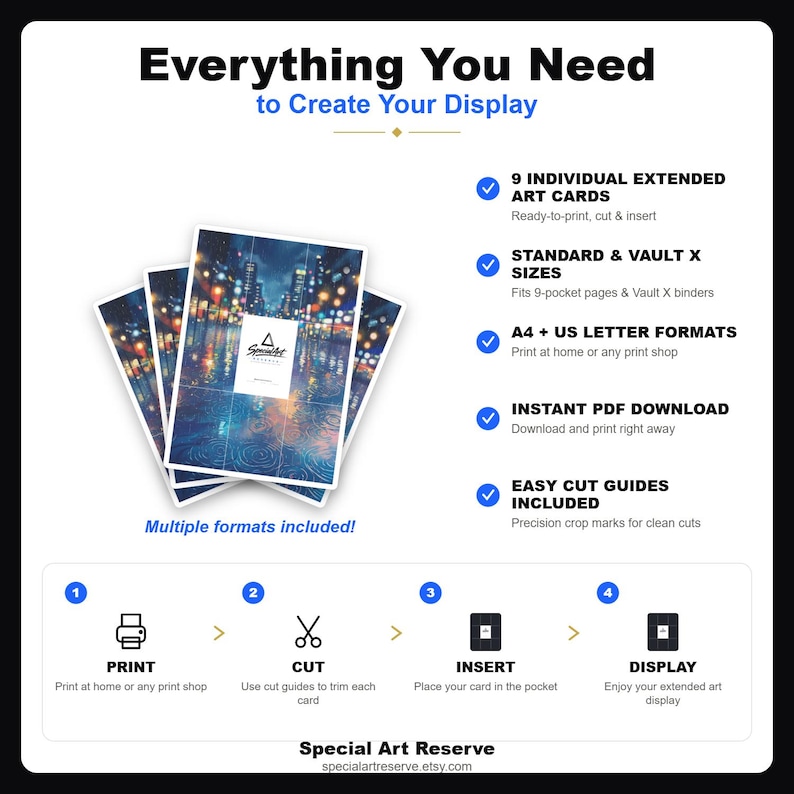 May include: A digital product guide titled Everything You Need to Create Your Display, featuring 9 individual extended art cards, A4 and US letter formats, and instant PDF download. Includes a 4-step visual process: print, cut, insert, and display.