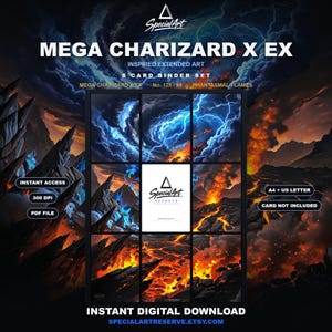 Puede incluir: Un conjunto digital de 8 tarjetas titulado MEGA CHARIZARD X EX INSPIRED EXTENDED ART. La ilustración muestra paisajes volcánicos, rayos azules y flujos de lava. Incluye etiquetas de texto como INSTANT ACCESS, 300 DPI, PDF FILE, A4 + US LETTER.