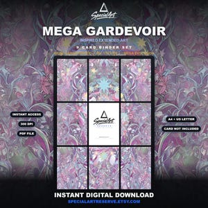 May include: A digital 9-card binder set featuring Mega Gardevoir inspired extended art. The layout includes eight illustrated cards with purple, pink, and blue floral patterns and one central card with the Special Art logo. Text includes Mega Gardevoir, 300 DPI, PDF File, and Instant Digital Download.