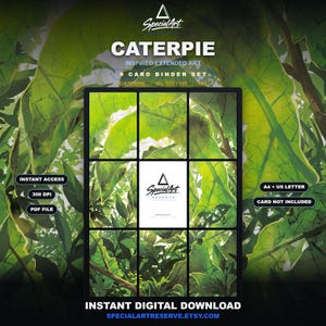 Könnte beinhalten: Ein 9-Karten-Ordner-Set mit einer von Caterpie inspirierten erweiterten Grafik. Das Design zeigt einen üppigen grünen Waldhintergrund mit einem zentralen weißen Feld, das das Special Art Reserve Logo enthält. Text: CATERPIE, 9 CARD BINDER SET, INSTANT ACCESS, 300 DPI, PDF FILE, A4 + US LETTER, CARD NOT INCLUDED, INSTANT DIGITAL DOWNLOAD, SPECIALARTRESERVE.ETSY.COM.