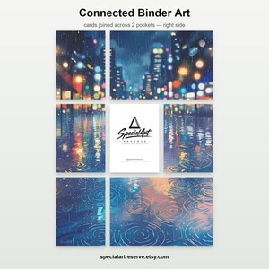 May include: A collection of rectangular art cards arranged in a grid, featuring a rainy city night scene with blurred colorful lights and water ripples. A central white card displays the black logo text Special Art Reserve.