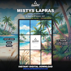 May include: A 9-card binder set digital download titled MISTYS LAPRAS featuring extended art of a tropical beach with palm trees, sand, and ocean waves. The set includes text labels like INSTANT ACCESS, 300 DPI, PDF FILE, A4 + US LETTER, and CARD NOT INCLUDED.