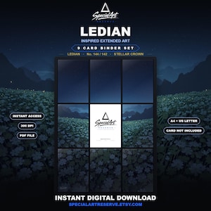 May include: A 9-card binder set digital download featuring Ledian inspired extended art. The design displays a dark night sky over a field of white flowers. Text includes Special Art Reserve, Ledian, No. 144/142, Stellar Crown, Instant Access, 300 DPI, PDF File, A4 + US Letter, Card Not Included, and Instant Digital Download.