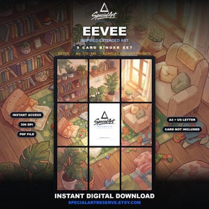 Pode incluir: Um conjunto de 9 cartões para arquivador com arte estendida inspirada em Eevee. A imagem mostra um quarto aconchegante com estantes, plantas e uma poltrona. O texto inclui SpecialArt, EEVEE, 9 CARD BINDER SET, No. 173/150, SCARLET & VIOLET PROMOS, INSTANT ACCESS, 300 DPI, PDF FILE, A4 + US LETTER, CARD NOT INCLUDED, INSTANT DIGITAL DOWNLOAD e SPECIALARTRESERVE.ETSY.COM.