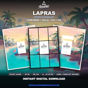 May include: Digital download featuring Lapras inspired extended art for an 8-card binder, full A4, and 8x10 prints. The design displays a tropical beach scene with palm trees, turquoise water, and a sunset sky. Includes the SpecialArt logo.