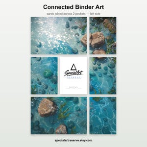 May include: A collection of rectangular cards arranged in a grid, featuring a continuous illustration of blue water with light reflections, brown rocks, and green aquatic plants. A central white card displays the black text SpecialArt RESERVE.