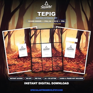 Op de afbeelding: Digitale kunstdruk met een bosscène met oranje herfstbladeren en donkere boomsilhouetten. De afbeelding bevat de tekst: TEPIG, INSPIRED EXTENDED ART, 8-CARD BINDER + FULL A4 + 8x10 + PSA, INSTANT ACCESS, 300 DPI, PDF FILE, A4 + US LETTER, INSTANT DIGITAL DOWNLOAD.
