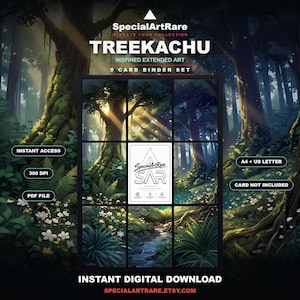 Può includere: Un set di 9 carte per raccoglitore in download digitale intitolato TREEKACHU di SpecialArtRare. L'immagine mostra una scena boschiva con la luce del sole che filtra tra gli alberi, divisa in una griglia. Include testo: INSTANT ACCESS, 300 DPI, PDF FILE.