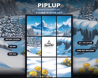 May include: A 9-card binder set digital download titled PIPLUP INSPIRED EXTENDED ART. The image features a snowy mountain landscape with yellow flowers in the foreground, divided into a grid. Text includes INSTANT ACCESS, 300 DPI, PDF FILE, A4 + US LETTER, CARD NOT INCLUDED, INSTANT DIGITAL DOWNLOAD, and SPECIALARTRESERVE.ETSY.COM.