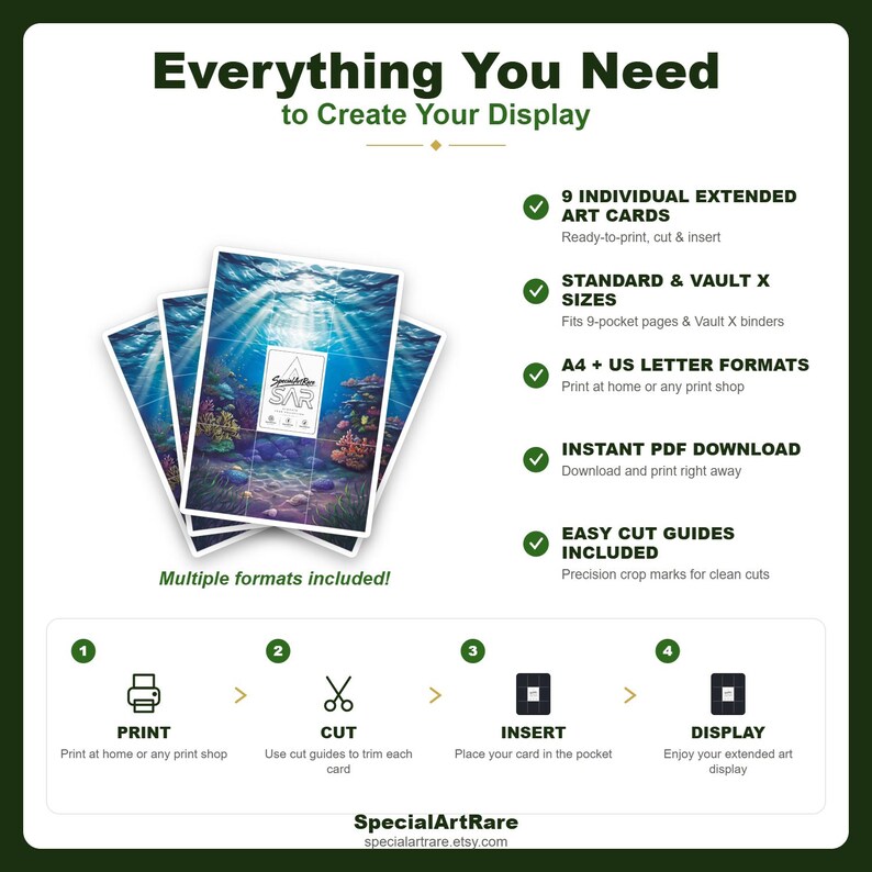 May include: A digital download set featuring 9 individual extended art cards with underwater coral reef imagery. Includes A4 and US letter formats, cut guides, and instructions to print, cut, insert, and display in standard 9-pocket binder pages.