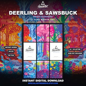 Könnte beinhalten: Ein digitales 7-Karten-Ordner-Set mit dem Titel DEERLING & SAWSBUCK mit farbenfrohen Waldillustrationen, Bäumen, Blumen und einem Reh. Die Grafik enthält Text wie INSTANT ACCESS, 300 DPI, PDF FILE, A4 + US LETTER und INSTANT DIGITAL DOWNLOAD.