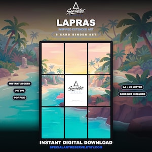 May include: A digital 8-card binder set featuring Lapras inspired extended art. The layout displays a tropical beach scene with palm trees and water, divided into a grid. Text includes SpecialArt, Lapras, 8 Card Binder Set, Instant Access, 300 DPI, PDF File, A4 + US Letter, Card Not Included, and Instant Digital Download.