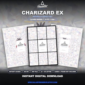 Könnte beinhalten: Ein digitales Download-Set mit Charizard EX inspirierter erweiterter Kunst. Enthält ein 8-Karten-Ordner-Layout, einen 8x10-Druck und PSA-Anzeigevorlagen. Das Design zeigt ein weißes und hellgraues geometrisches Muster mit dem SpecialArt-Logo.