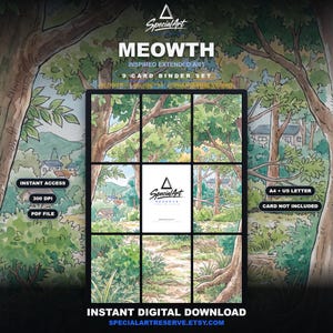 以下が含まれることがあります： MEOWTH INSPIRED EXTENDED ARTと題された9枚のカードバインダーセットのデジタルダウンロード。画像は、木々、緑、小さな家々が描かれた水彩画風の森の風景です。テキストには、INSTANT ACCESS、300 DPI、PDF FILE、A4 + US LETTER、CARD NOT INCLUDEDが含まれています。