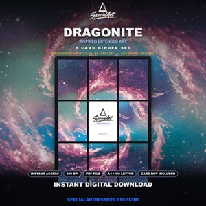 May include: A 9-card binder set digital download featuring Dragonite inspired extended art. The graphic displays a cosmic nebula background with pink and blue hues. Text includes DRAGONITE, MEGA DRAGONITE EX, No. 290 / 217, ASCENDED HEROES, and INSTANT DIGITAL DOWNLOAD.