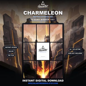 Puede incluir: Un conjunto de 9 tarjetas para carpeta en descarga digital titulado CHARMELEON con arte extendido inspirado en un paisaje rocoso con flujos de lava naranja. Incluye etiquetas de texto para instant access, 300 DPI, PDF file, A4 + US letter.