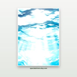 May include: A vertical rectangular art print featuring an abstract representation of sunlight filtering through clear blue water. The composition displays rippling waves and bright light rays penetrating the surface, with the text specialartrare.etsy.com.