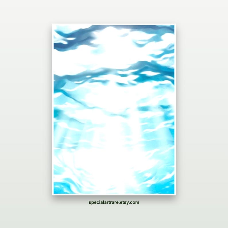 May include: A vertical rectangular art print featuring an abstract representation of sunlight filtering through clear blue water. The composition displays rippling waves and bright light rays penetrating the surface, with the text specialartrare.etsy.com.